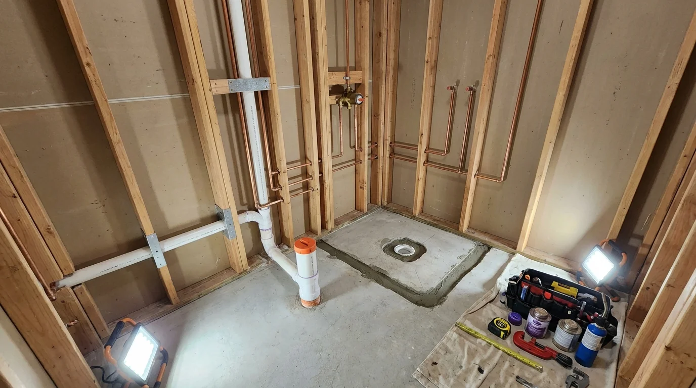 Bathroom rough-in plumbing during remodel by Johns Plumbing LLC in Winamac