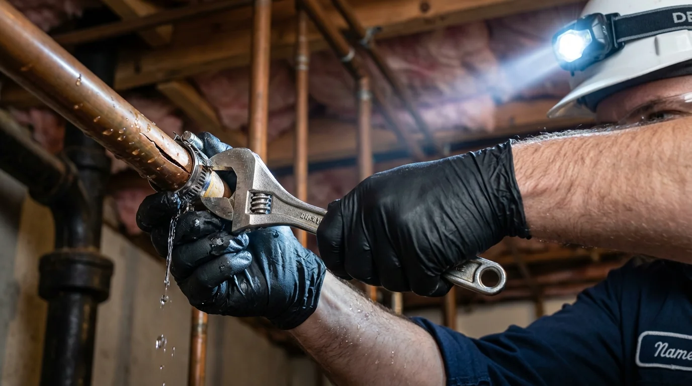 Emergency pipe clamp repair being performed by a Johns Plumbing LLC plumber in Winamac