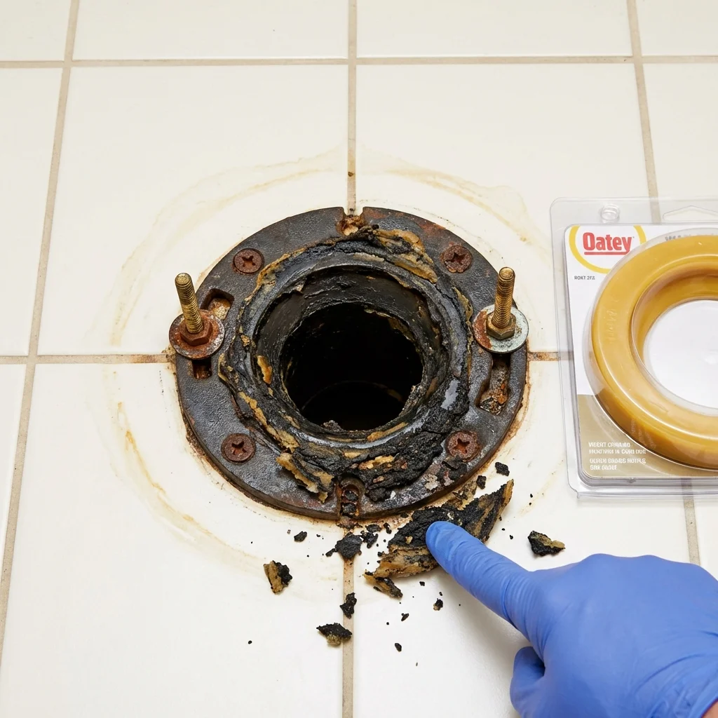 Failed wax ring showing water seepage at the base of a toilet in a Winamac, IN home