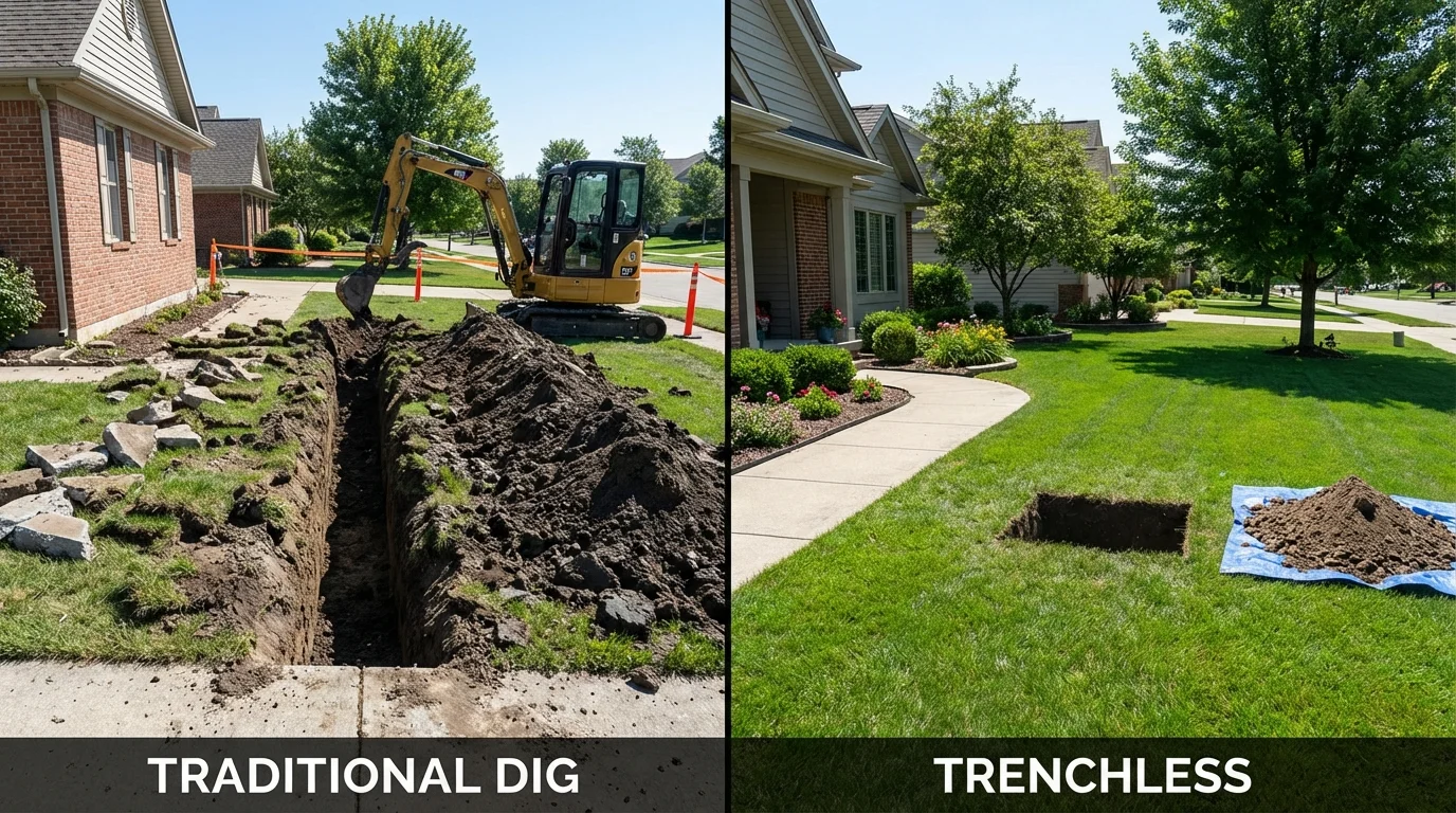 Trenchless sewer repair with minimal yard damage versus traditional excavation in Winamac, IN