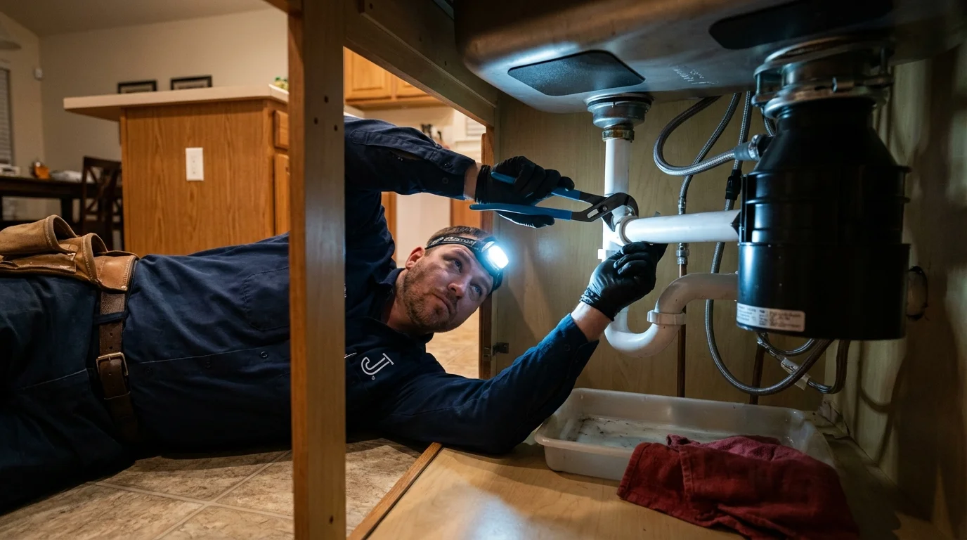 P-trap and supply line connections under a kitchen sink showing a common leak point in Winamac, IN